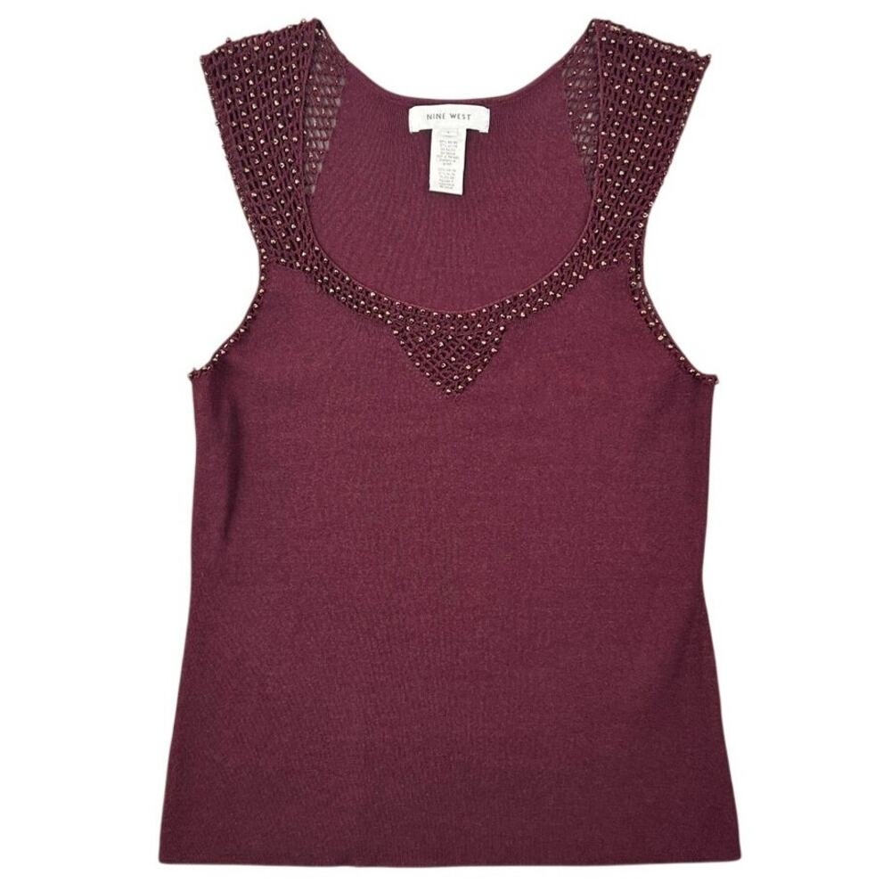 Nine West Beaded Crochet Trim Sleeveless Knit Top Plum Purple L